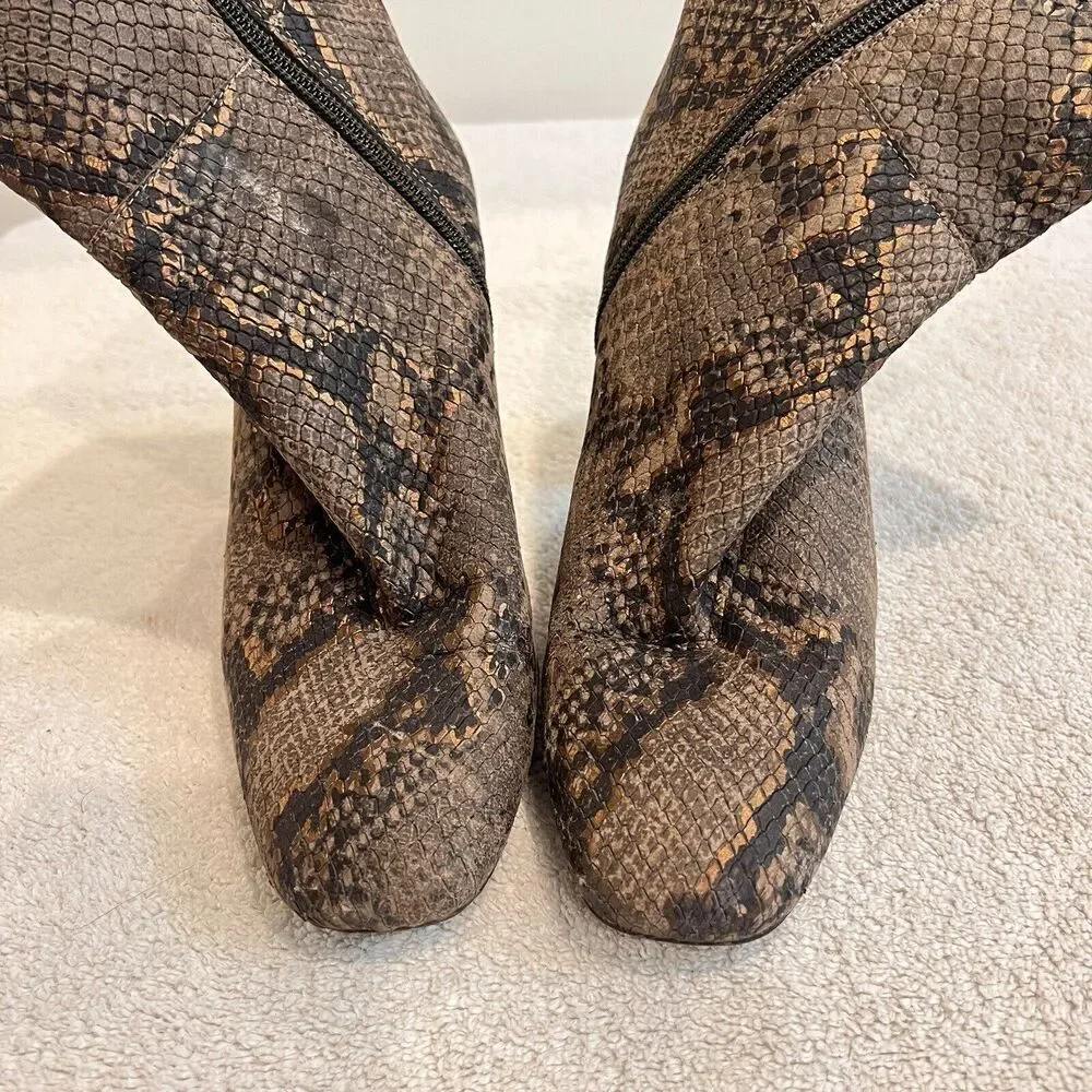 Free People Brown Leather Booties Snake Print Heels Women US 7.5 Eu 38 Boho Chic